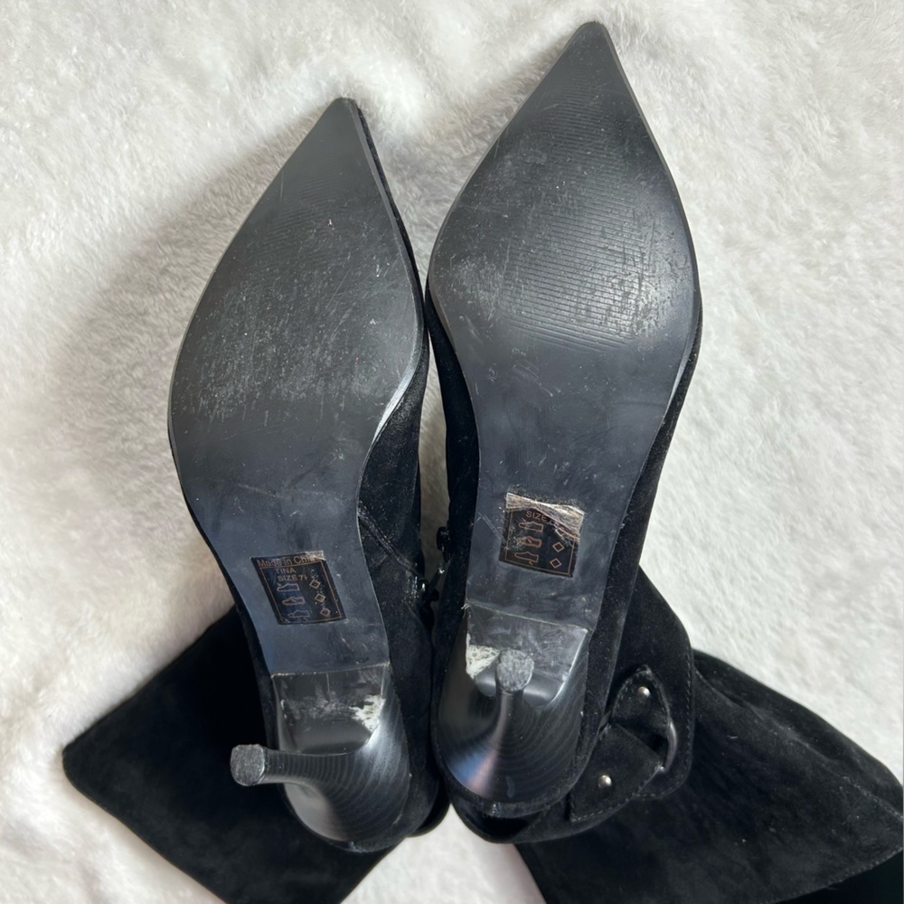 Bella Gioia Black Faux Suede Stiletto Heeled 4”Pointed Toe Zipper Boots Size 7.5 - Picture 10 of 11